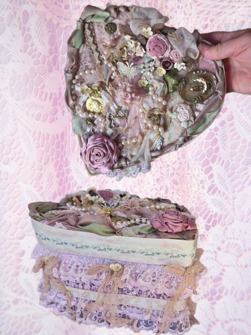 Handmade Romantic Lace Rose Butterfly Heart Keepsake Box Cottagecore Pearlcore